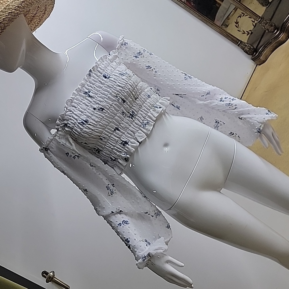 Cotton:On Cottagecore Cropped Sheer Long Sleeve Floral Top Size Small